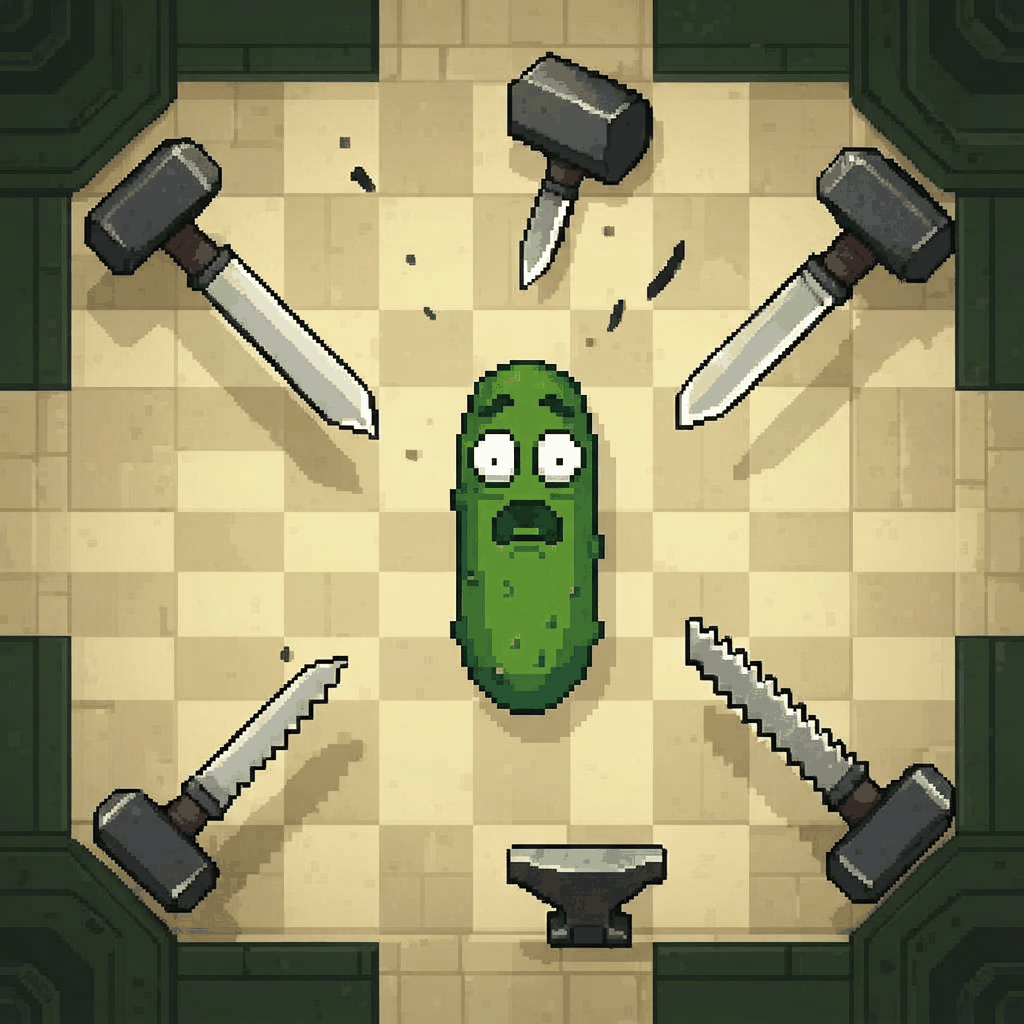 Pixel art pickle dodging knives, hammers, anvils and saw blades on a checkered floor
